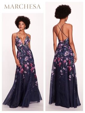MARCHESA NOTTE Ribbons Floral-Print Chiffon Gown